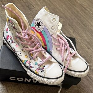 Converse Kids White High Top Sneakers with Rainbow & Unicorn Print
